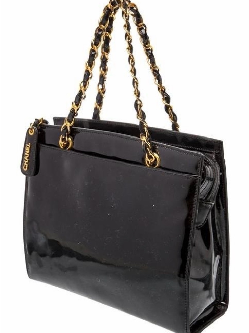 Auth Certified Vintage CHANEL Black Patent Leather Gold Chain Tote Bag 1997–1999 - Picture 2 of 4